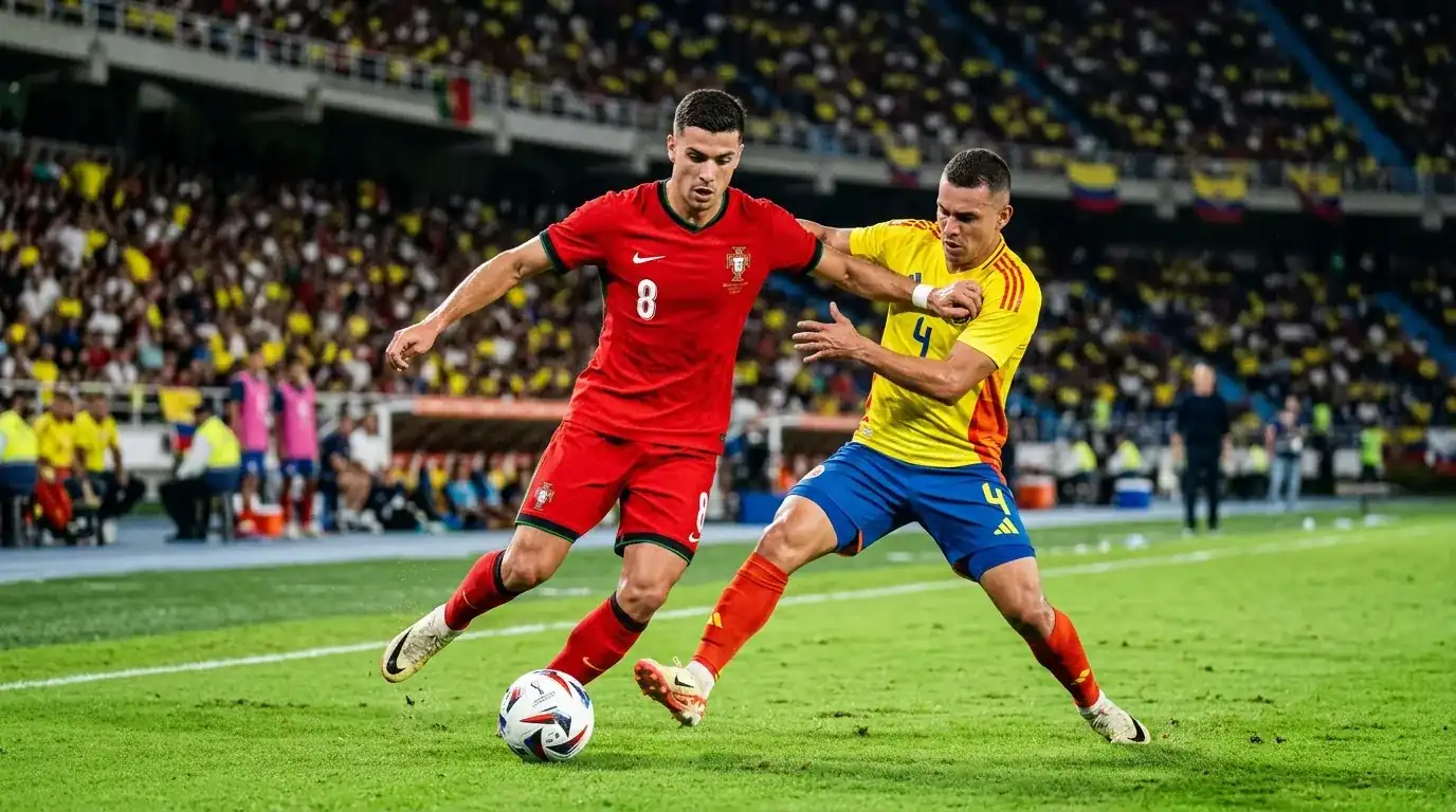 Portugiesischer Nationalspieler in rotem Trikot am Ball im WM-2026-Spiel gegen Kolumbien