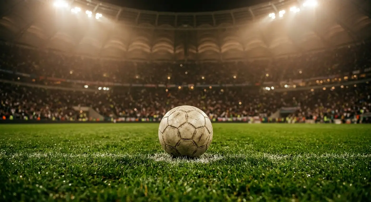 Football auf dem Anstosspunkt in einem Stadion mit geschlossenem Dach bei Flutlicht