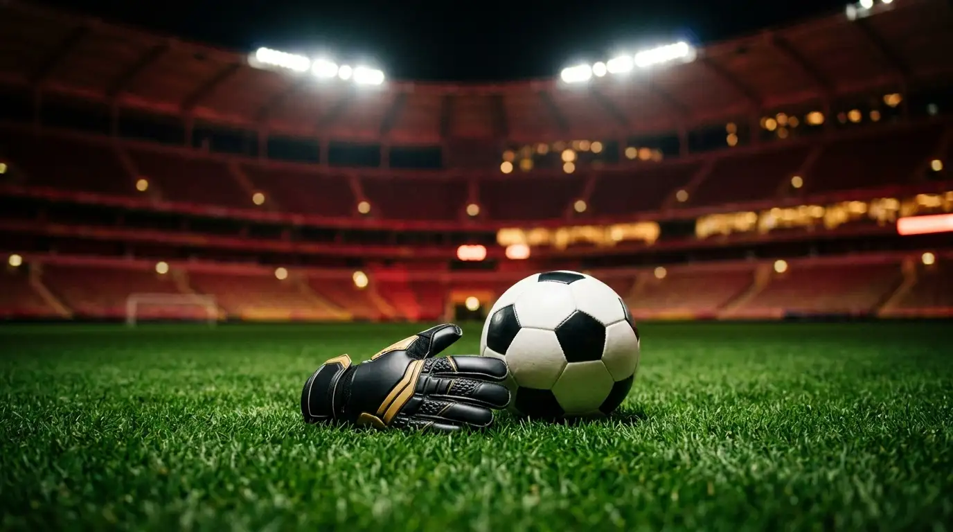 Spanische Nationalfarben und Weltmeisterpokal-Silhouette vor leerer Stadionkulisse