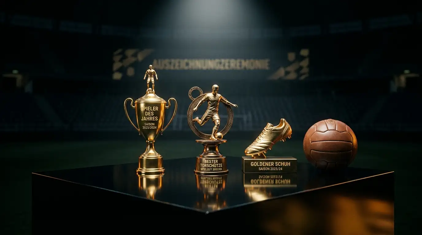 Individuelle WM-Trophäen und ein Fussball auf einem Podest vor dunkler Stadionkulisse