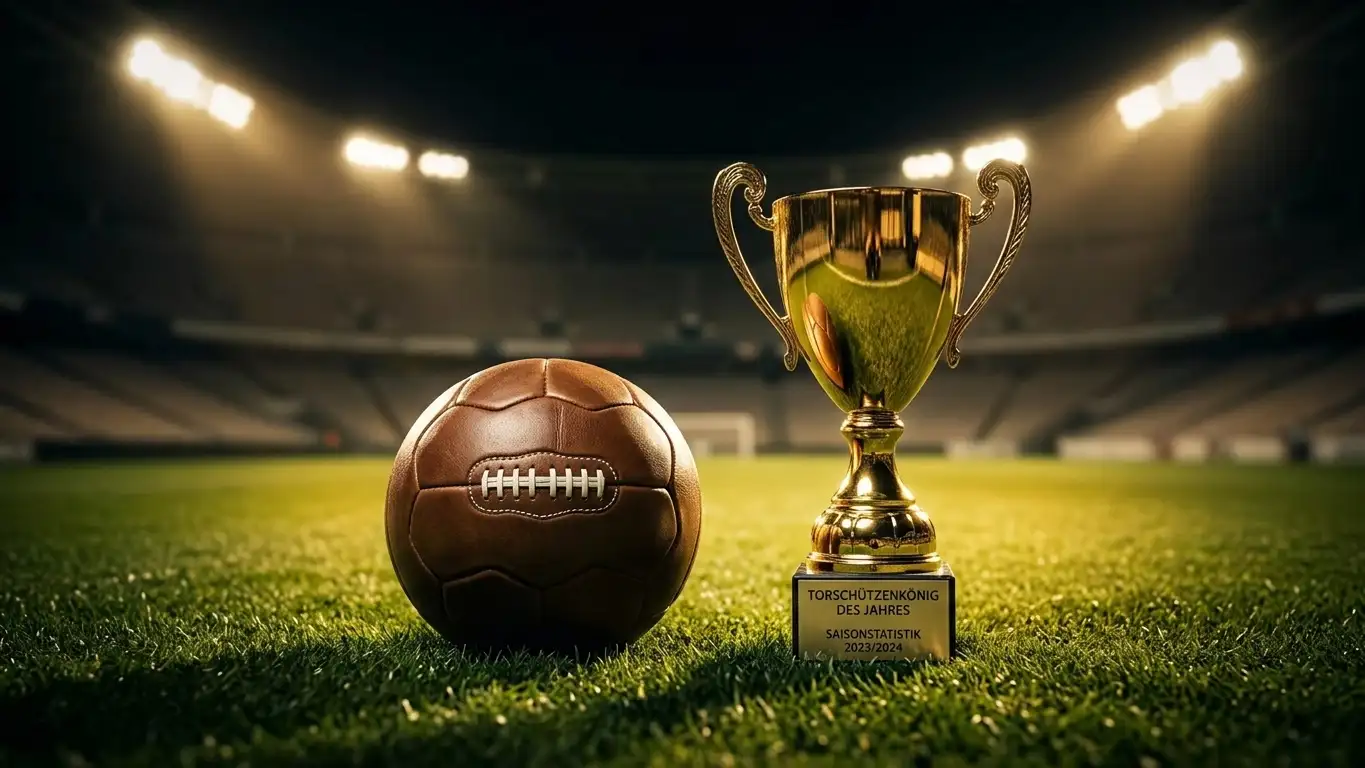 Ein Fussball und die Silhouette einer Torschützenkönig-Trophäe unter Flutlicht
