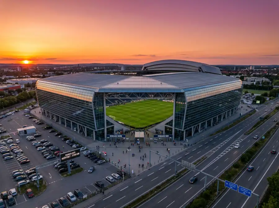 Luftaufnahme eines modernen Fussballstadions in Nordamerika bei Sonnenuntergang