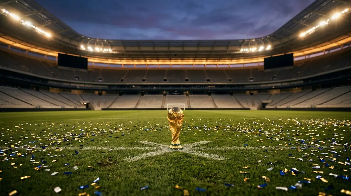 Weltmeisterpokal auf dem Anstosspunkt im leeren MetLife Stadium nach dem WM-Final 2026