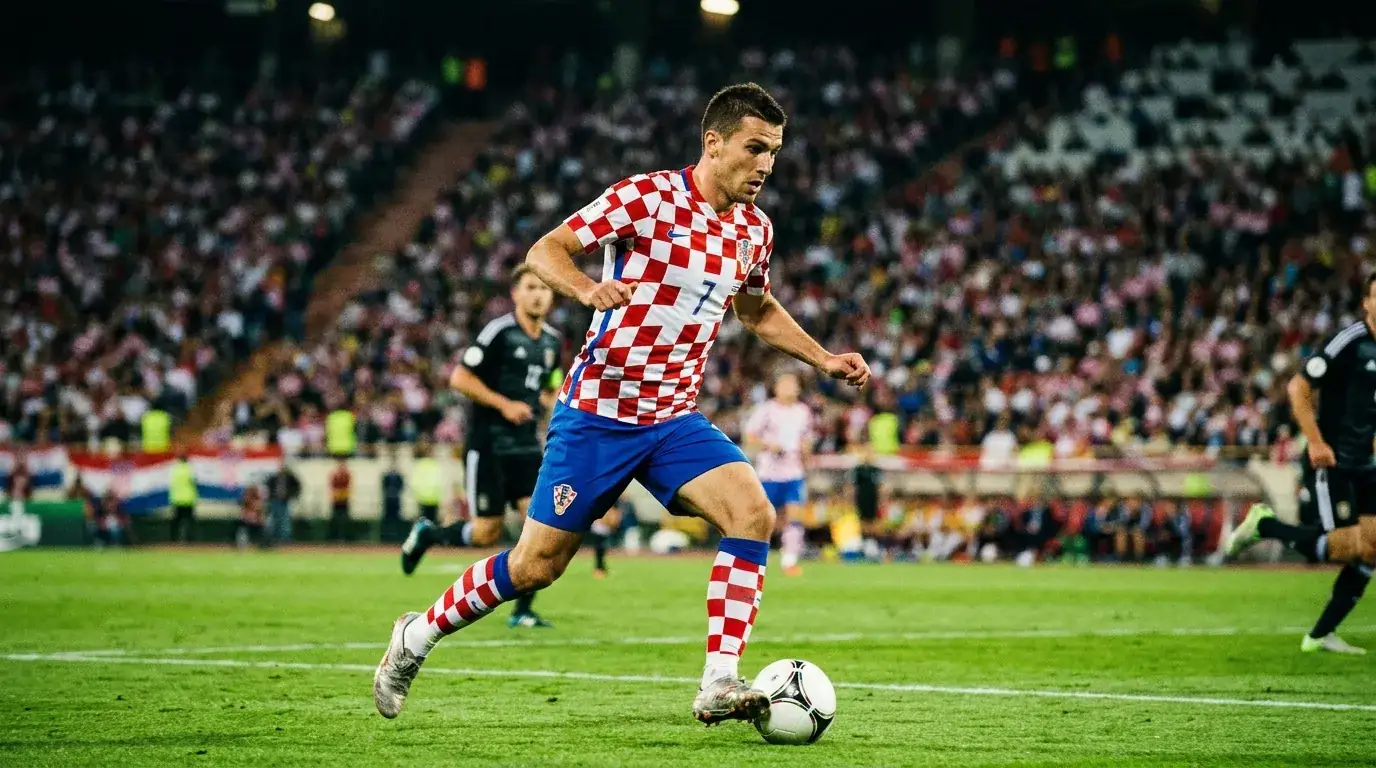 Kroatischer Nationalspieler im rot-weiss karierten Trikot beim entscheidenden WM-2026-Gruppenspiel