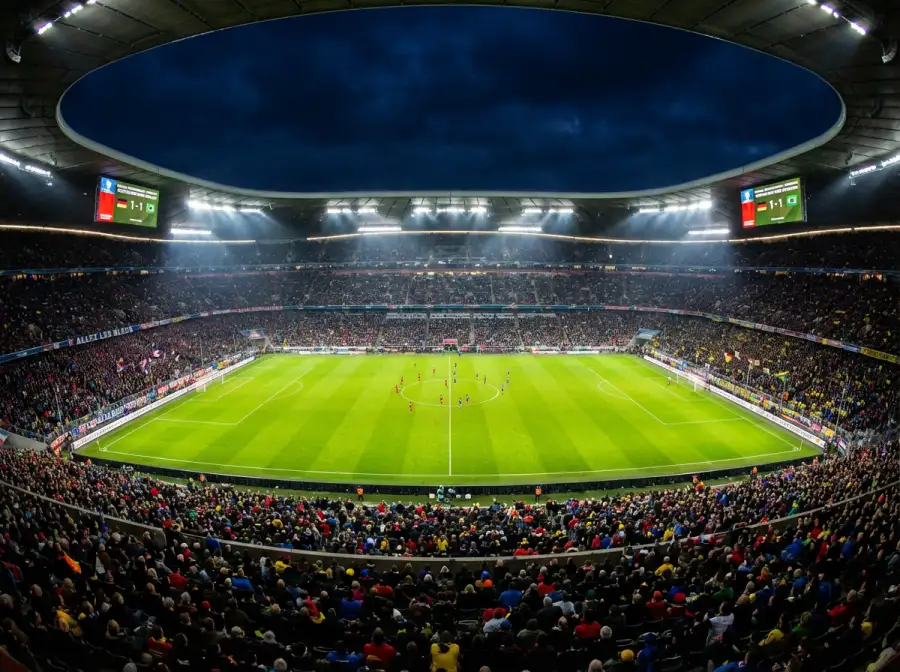 Übersicht eines voll besetzten WM-Stadions während eines Gruppenphase-Spiels bei Flutlicht