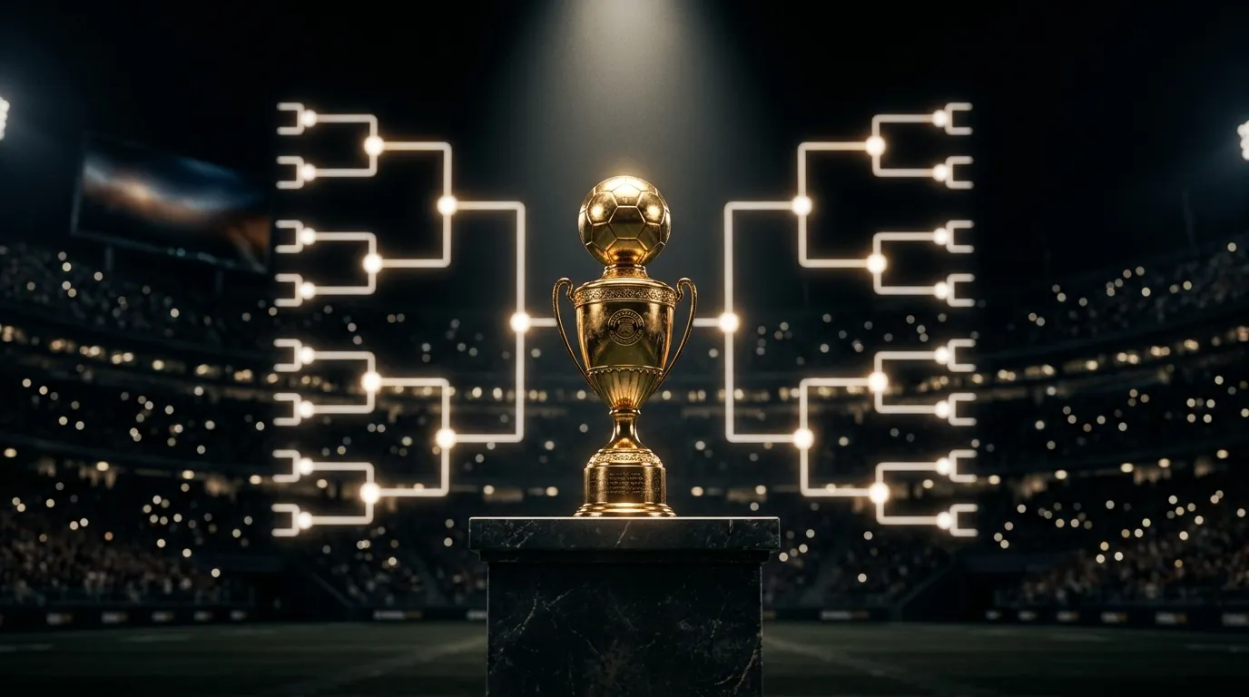 Pokal und K.-o.-Baum-Grafik symbolisieren den Start der WM-2026-K.-o.-Runde