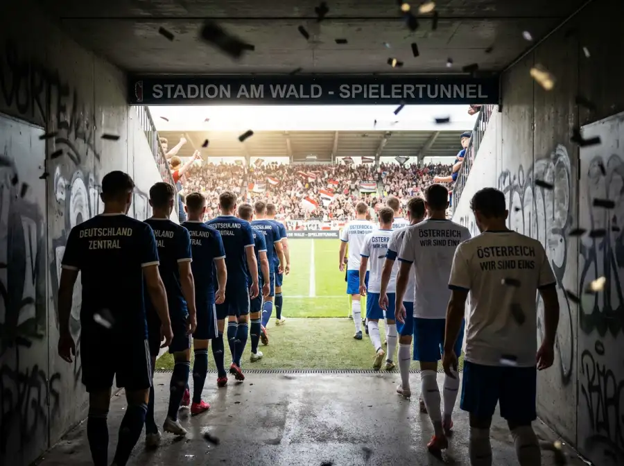 Fussballspieler verschiedener Nationen beim Einlauf auf den Rasen vor einer vollen Tribüne