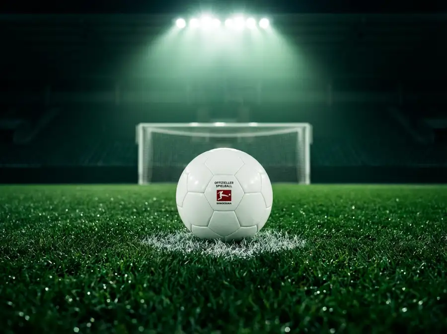 Fussball auf dem Elfmeterpunkt eines beleuchteten WM-Spielfelds bei Nacht