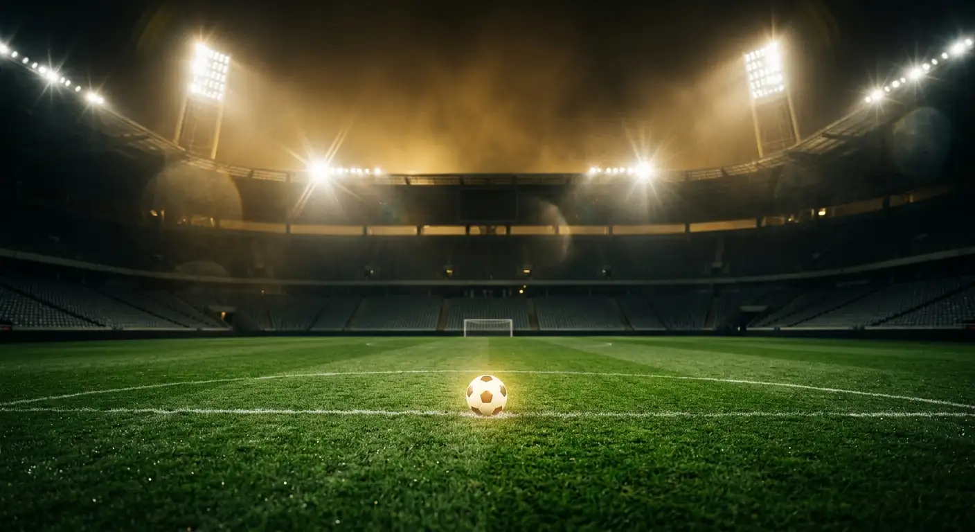 Stadionrasen bei Flutlicht mit erhobenem Pokal-Motiv, Symbolbild für WM-Rekorde