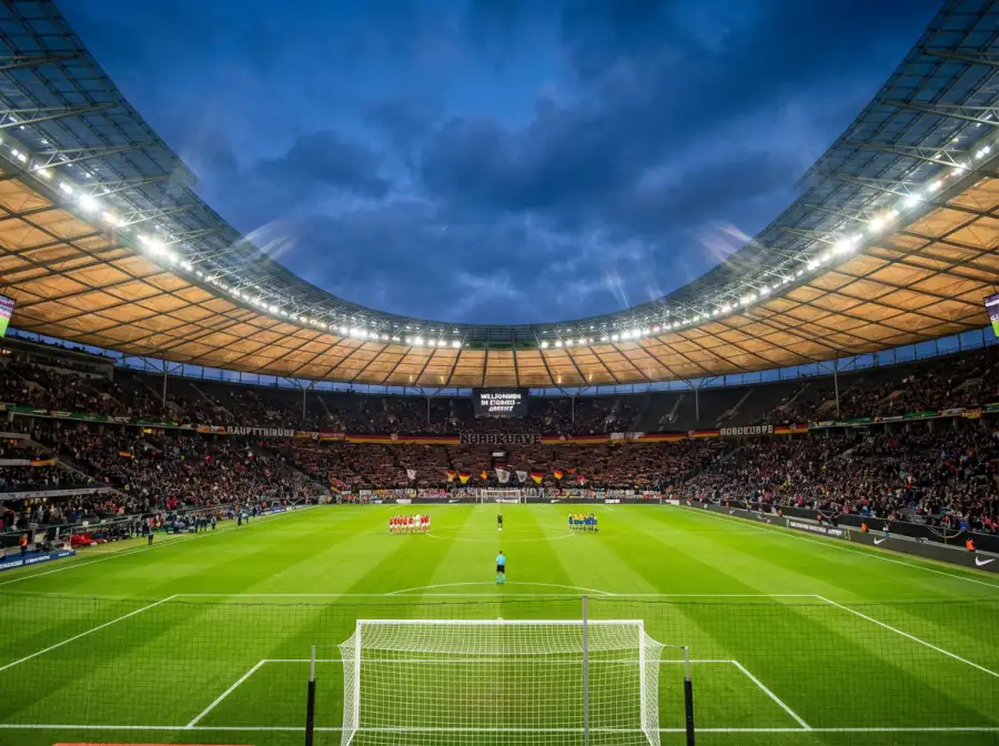 WM 2026 Stadion mit Flutlicht und Rasen vor dem Anpfiff eines Gruppenspiels